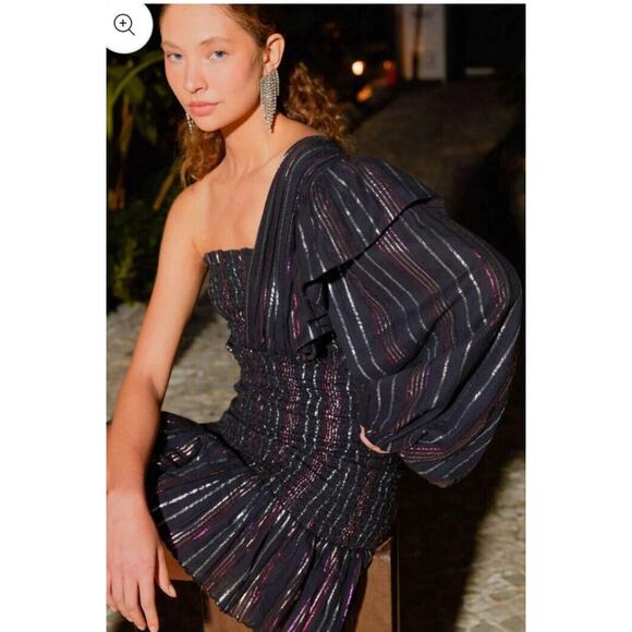 NWT Farm Rio Black Rainbow One Shoulder Metallic Lurex Stripes Mini Dress SZ XS - Picture 3 of 12